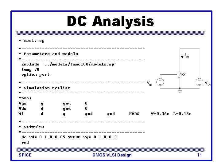 DC Analysis * mosiv. sp *------------------------* Parameters and models *------------------------. include '. . /models/tsmc