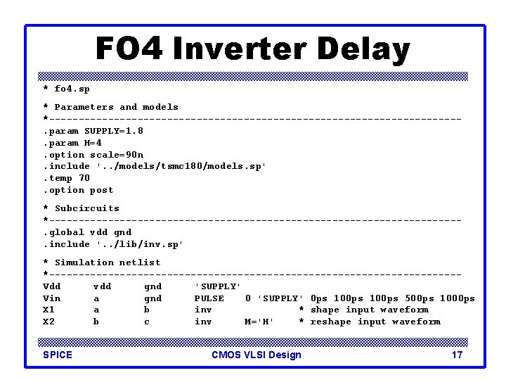 FO 4 Inverter Delay * fo 4. sp * Parameters and models *-----------------------------------. param
