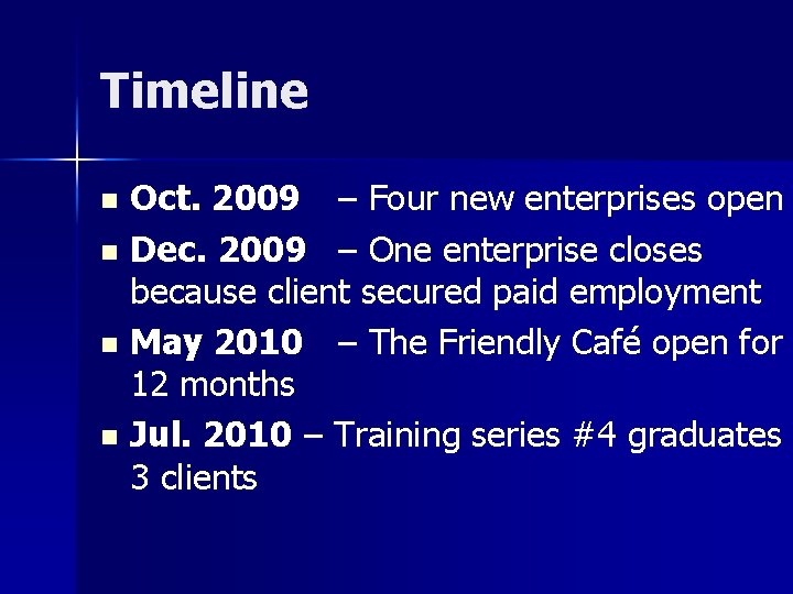 Timeline Oct. 2009 – Four new enterprises open n Dec. 2009 – One enterprise