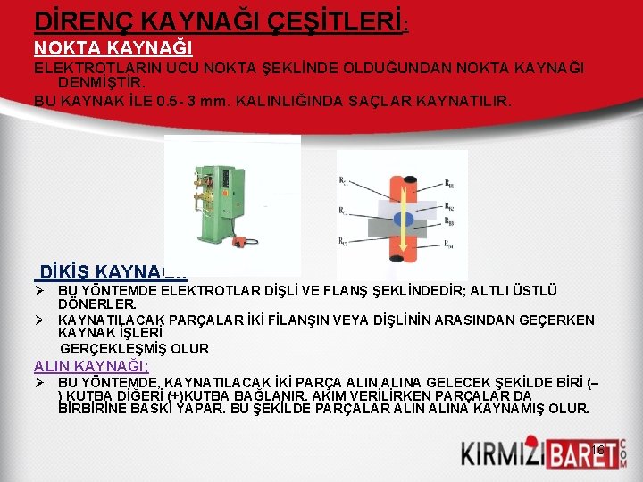 DİRENÇ KAYNAĞI ÇEŞİTLERİ: NOKTA KAYNAĞI ELEKTROTLARIN UCU NOKTA ŞEKLİNDE OLDUĞUNDAN NOKTA KAYNAĞI DENMİŞTİR. BU DİRENÇ KAYNAĞI ÇEŞİTLERİ: NOKTA KAYNAĞI ELEKTROTLARIN UCU NOKTA ŞEKLİNDE OLDUĞUNDAN NOKTA KAYNAĞI DENMİŞTİR. BU