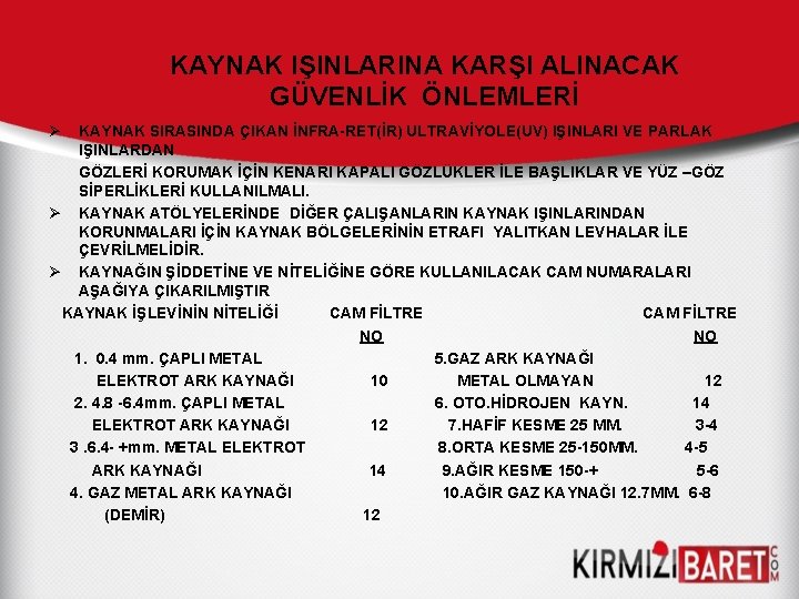 KAYNAK IŞINLARINA KARŞI ALINACAK GÜVENLİK ÖNLEMLERİ Ø KAYNAK SIRASINDA ÇIKAN İNFRA-RET(İR) ULTRAVİYOLE(UV) IŞINLARI VE KAYNAK IŞINLARINA KARŞI ALINACAK GÜVENLİK ÖNLEMLERİ Ø KAYNAK SIRASINDA ÇIKAN İNFRA-RET(İR) ULTRAVİYOLE(UV) IŞINLARI VE