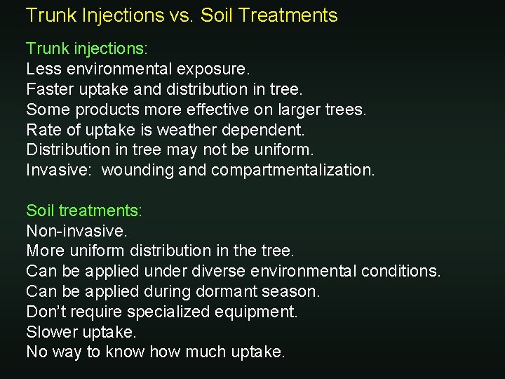 Trunk Injections vs. Soil Treatments Trunk injections: Less environmental exposure. Faster uptake and distribution
