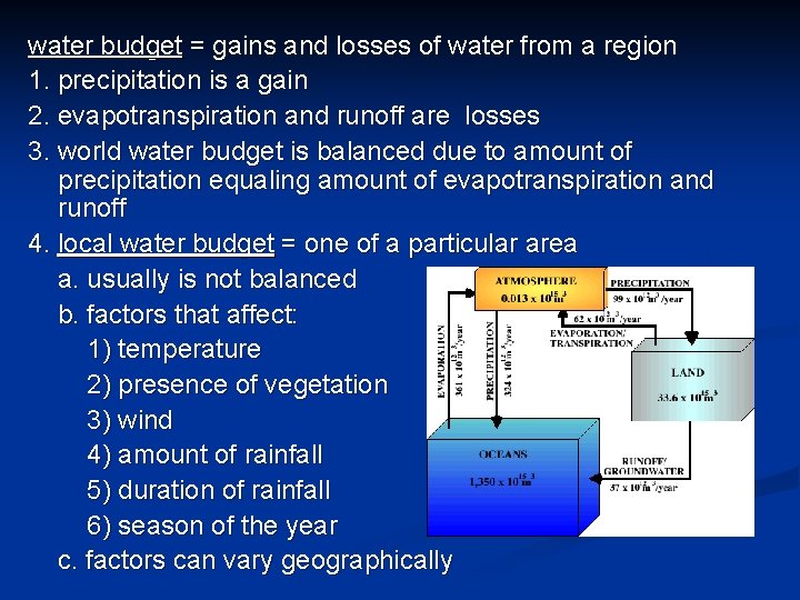 water budget = gains and losses of water from a region 1. precipitation is