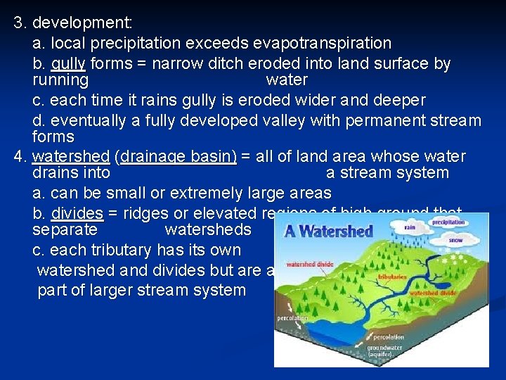 3. development: a. local precipitation exceeds evapotranspiration b. gully forms = narrow ditch eroded