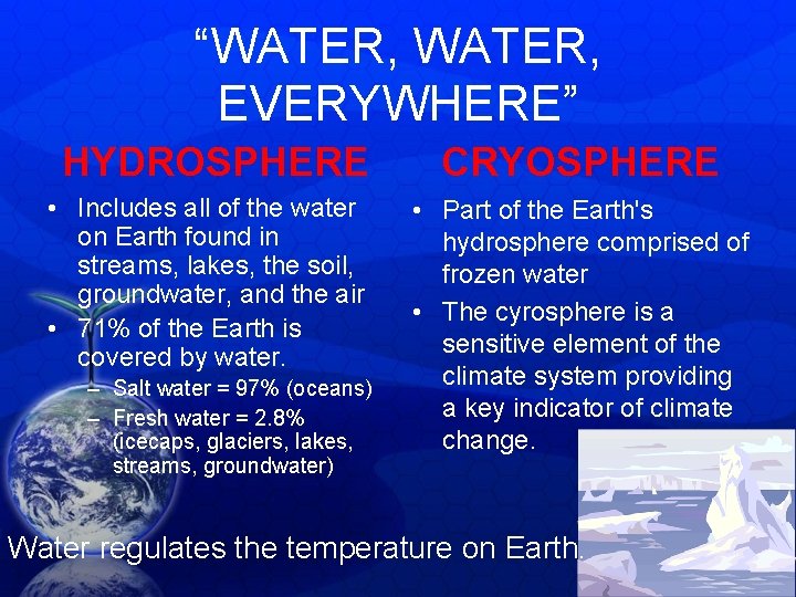 “WATER, EVERYWHERE” HYDROSPHERE • Includes all of the water on Earth found in streams, “WATER, EVERYWHERE” HYDROSPHERE • Includes all of the water on Earth found in streams,