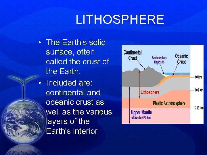 LITHOSPHERE • The Earth's solid surface, often called the crust of the Earth. • LITHOSPHERE • The Earth's solid surface, often called the crust of the Earth. •