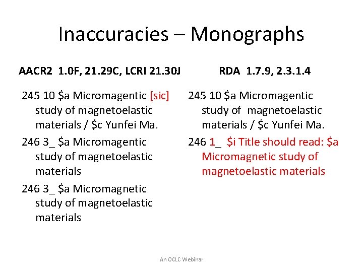 Inaccuracies – Monographs AACR 2 1. 0 F, 21. 29 C, LCRI 21. 30