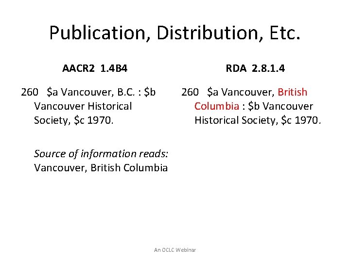 Publication, Distribution, Etc. AACR 2 1. 4 B 4 RDA 2. 8. 1. 4