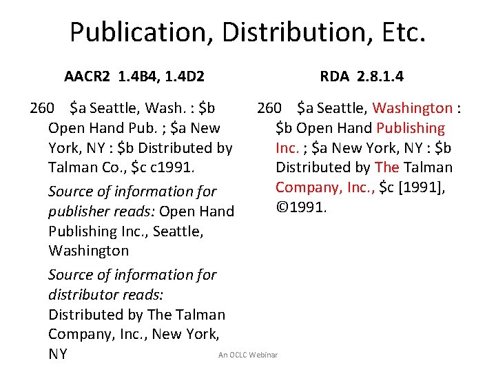 Publication, Distribution, Etc. AACR 2 1. 4 B 4, 1. 4 D 2 RDA