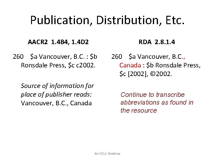 Publication, Distribution, Etc. AACR 2 1. 4 B 4, 1. 4 D 2 RDA