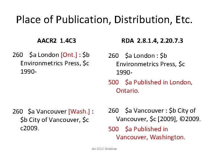 Place of Publication, Distribution, Etc. AACR 2 1. 4 C 3 RDA 2. 8.