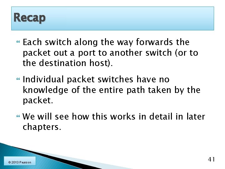 Recap Each switch along the way forwards the packet out a port to another