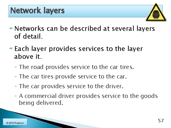 Network layers Networks can be described at several layers of detail. Each layer provides
