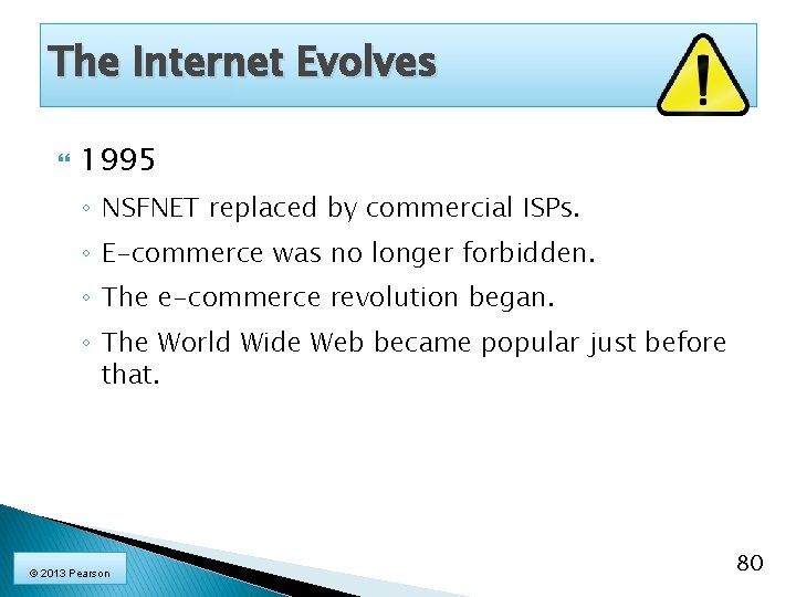 The Internet Evolves 1995 ◦ NSFNET replaced by commercial ISPs. ◦ E-commerce was no