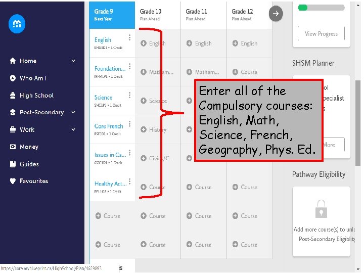 Enter all of the Compulsory courses: English, Math, Science, French, Geography, Phys. Ed. 