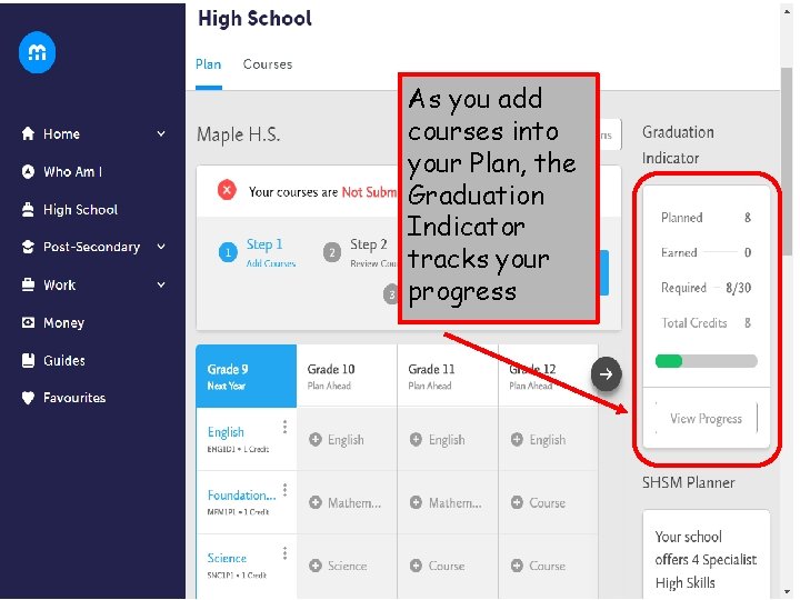 As you add courses into your Plan, the Graduation Indicator tracks your progress 
