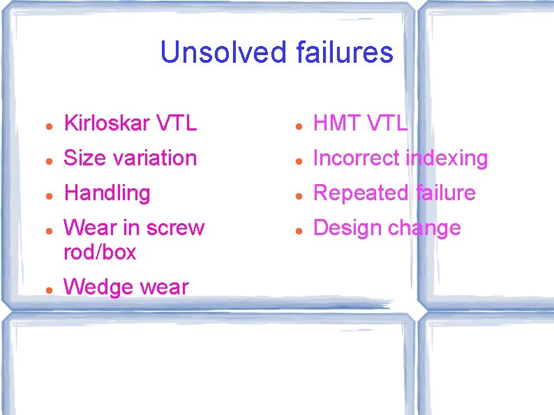 Unsolved failures Kirloskar VTL HMT VTL Size variation Incorrect indexing Handling Repeated failure Design