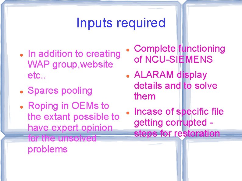 Inputs required In addition to creating WAP group, website etc. . Spares pooling Roping