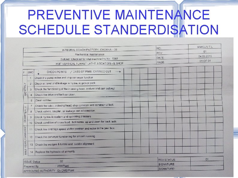 PREVENTIVE MAINTENANCE SCHEDULE STANDERDISATION 