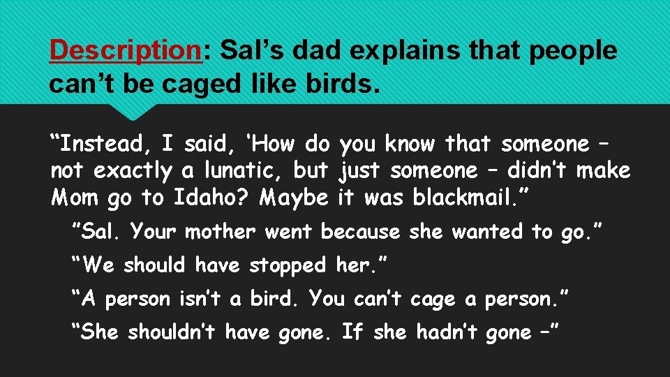 Description: Sal’s dad explains that people can’t be caged like birds. “Instead, I said,