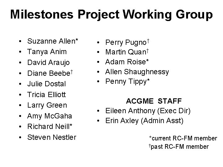 Milestones Project Working Group • • • Suzanne Allen* Tanya Anim David Araujo Diane
