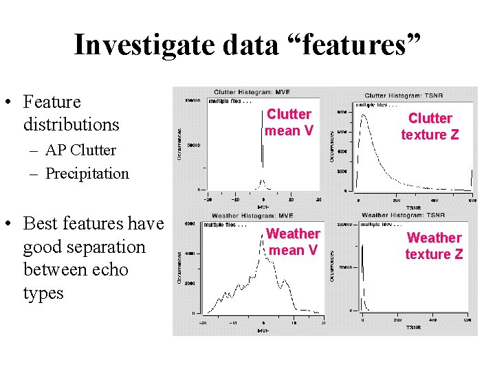 Investigate data “features” • Feature distributions Clutter mean V Clutter texture Z Weather mean