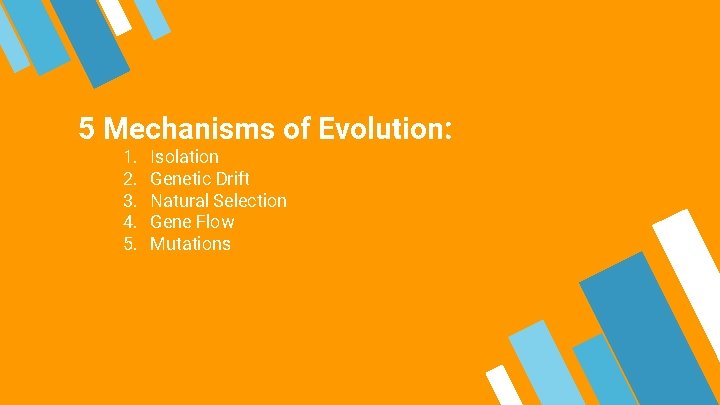 5 Mechanisms of Evolution: 1. 2. 3. 4. 5. Isolation Genetic Drift Natural Selection