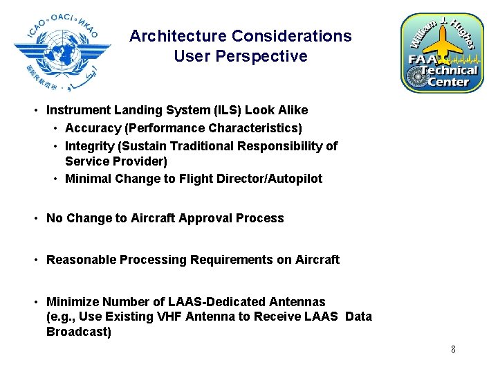 Architecture Considerations User Perspective • Instrument Landing System (ILS) Look Alike • Accuracy (Performance