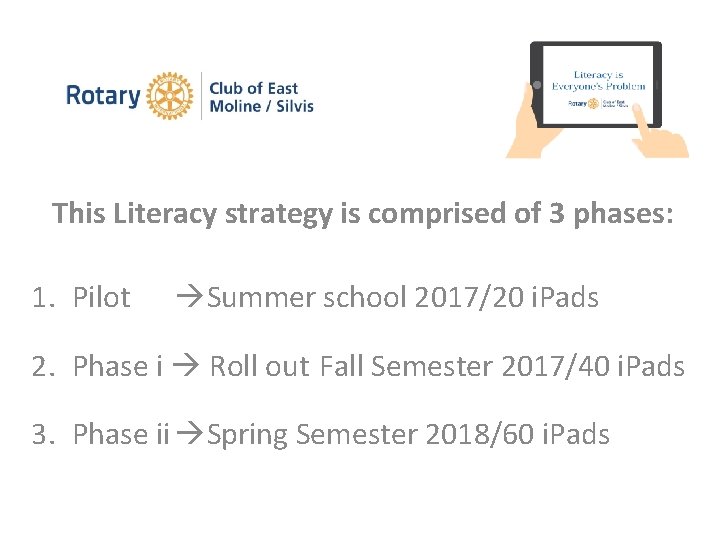 This Literacy strategy is comprised of 3 phases: 1. Pilot Summer school 2017/20 i.