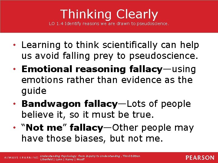 Thinking Clearly LO 1. 4 Identify reasons we are drawn to pseudoscience. • Learning