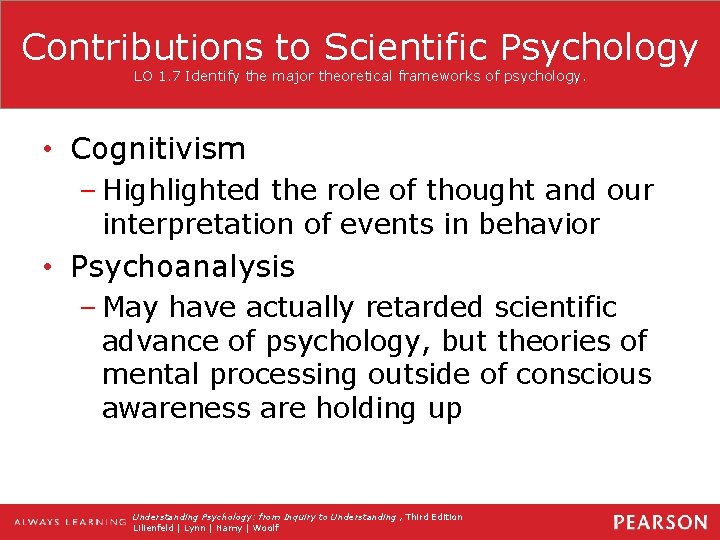 Contributions to Scientific Psychology LO 1. 7 Identify the major theoretical frameworks of psychology.