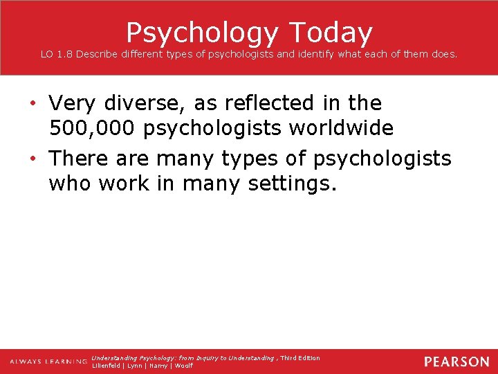 Psychology Today LO 1. 8 Describe different types of psychologists and identify what each