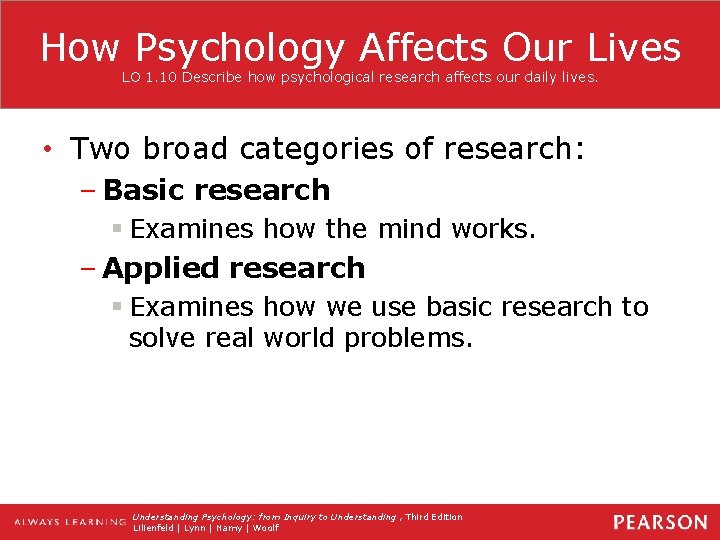 How Psychology Affects Our Lives LO 1. 10 Describe how psychological research affects our