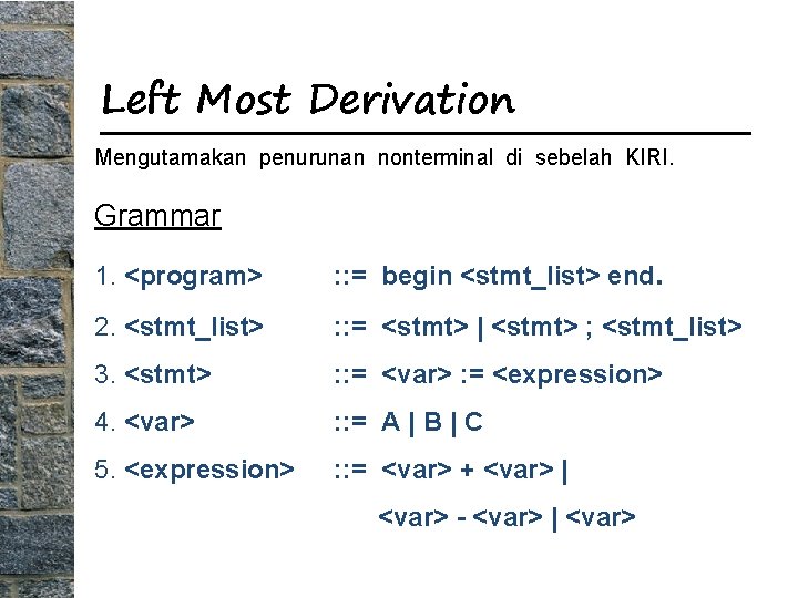 Left Most Derivation Mengutamakan penurunan nonterminal di sebelah KIRI. Grammar 1. <program> : :