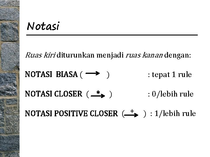 Notasi Ruas kiri diturunkan menjadi ruas kanan dengan: NOTASI BIASA ( NOTASI CLOSER (