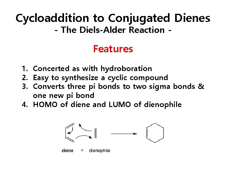 Cycloaddition to Conjugated Dienes - The Diels-Alder Reaction - Features 1. Concerted as with