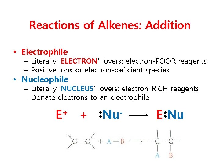 Reactions of Alkenes: Addition • Electrophile – Literally ‘ELECTRON’ lovers: electron-POOR reagents – Positive