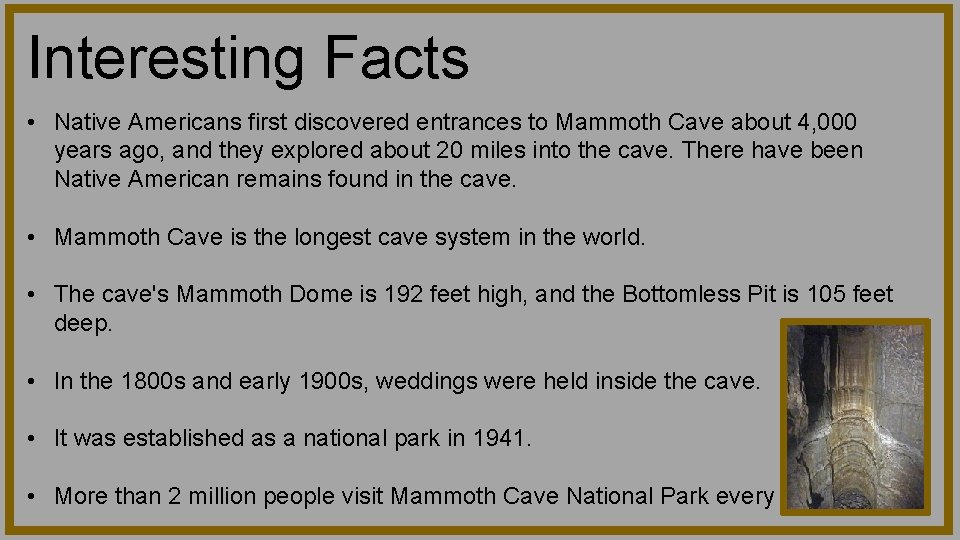 Interesting Facts • Native Americans first discovered entrances to Mammoth Cave about 4, 000