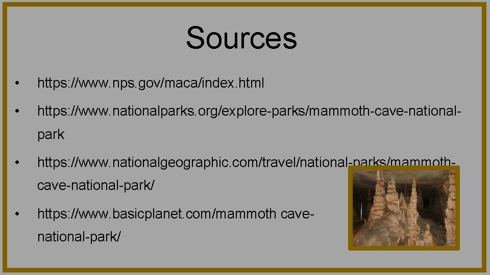 Sources • https: //www. nps. gov/maca/index. html • https: //www. nationalparks. org/explore-parks/mammoth-cave-nationalpark • https: