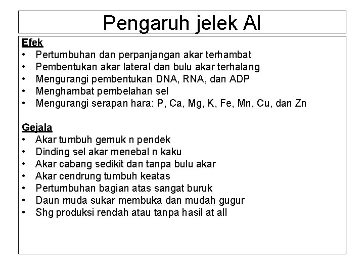 Pengaruh jelek Al Efek • Pertumbuhan dan perpanjangan akar terhambat • Pembentukan akar lateral