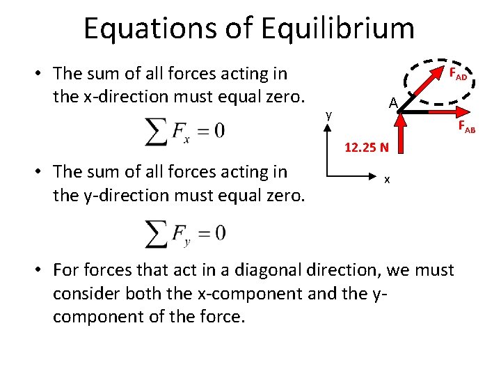 Equations of Equilibrium • The sum of all forces acting in the x-direction must