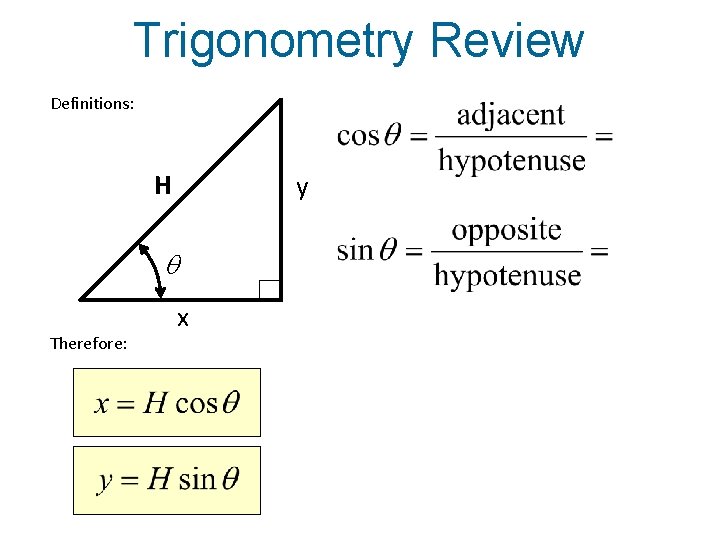 Trigonometry Review Definitions: H y q Therefore: x 