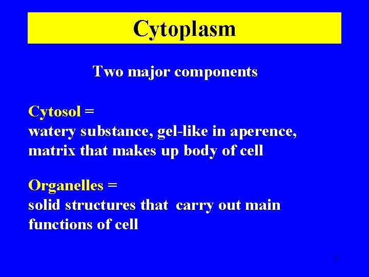 Cytoplasm Two major components Cytosol = watery substance, gel-like in aperence, matrix that makes