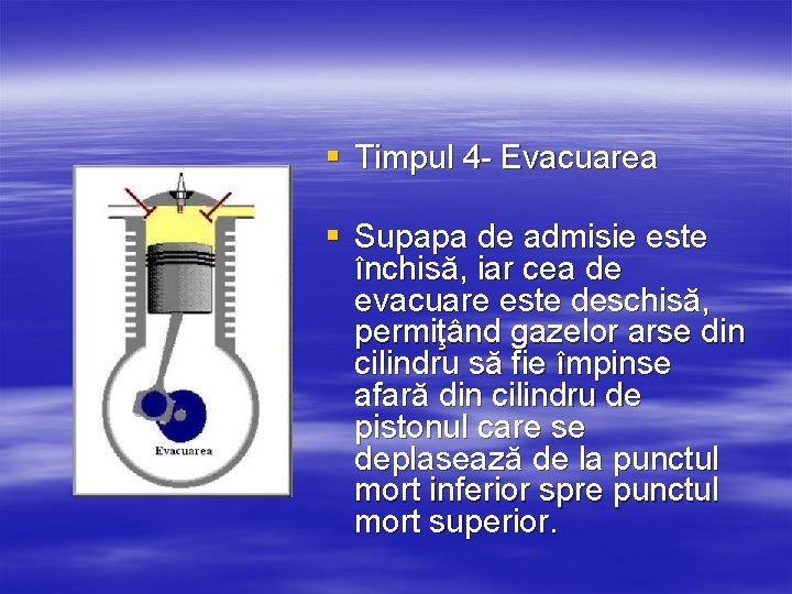 § Timpul 4 - Evacuarea § Supapa de admisie este închisă, iar cea de