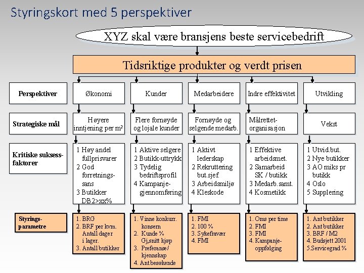 Styringskort med 5 perspektiver XYZ skal være bransjens beste servicebedrift Tidsriktige produkter og verdt
