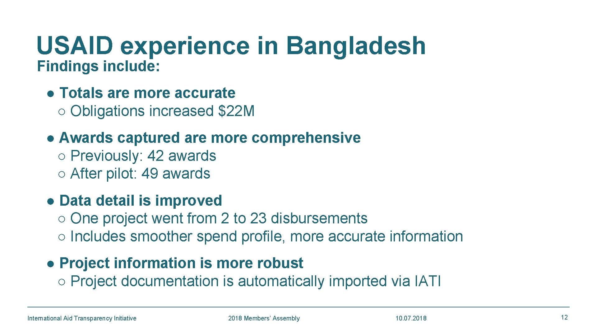 USAID experience in Bangladesh Findings include: ● Totals are more accurate ○ Obligations increased USAID experience in Bangladesh Findings include: ● Totals are more accurate ○ Obligations increased