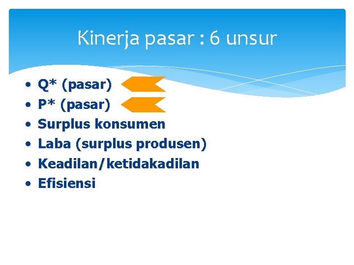 Kinerja pasar : 6 unsur • • • Q* (pasar) P* (pasar) Surplus konsumen