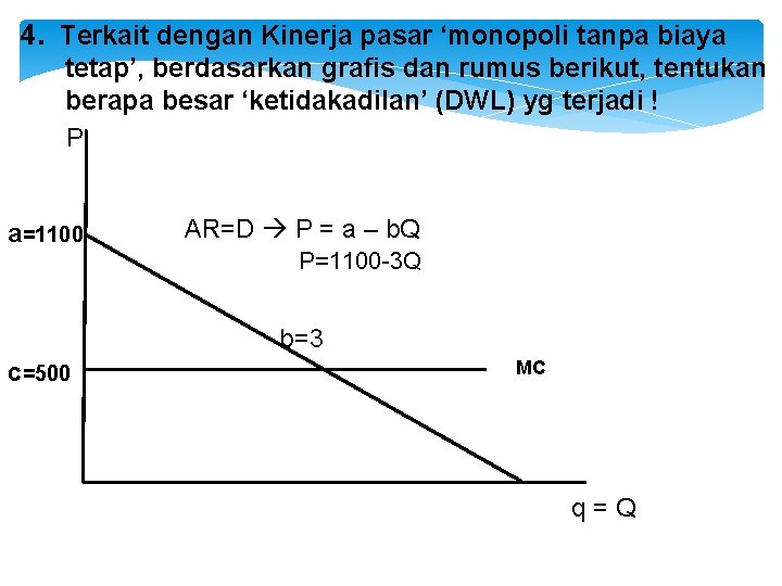 4. Terkait dengan Kinerja pasar ‘monopoli tanpa biaya tetap’, berdasarkan grafis dan rumus berikut,