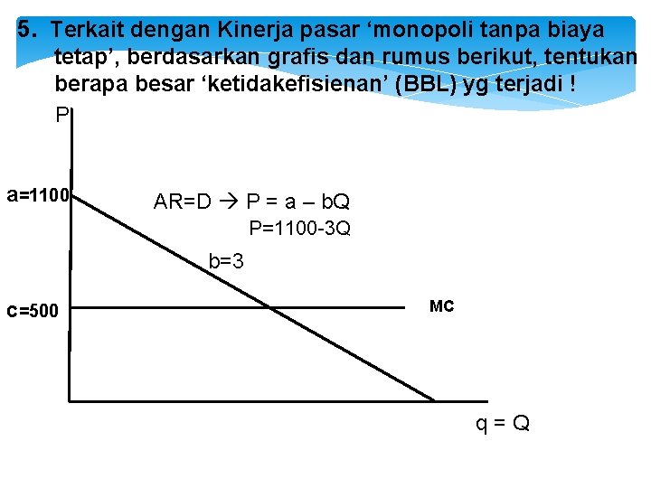 5. Terkait dengan Kinerja pasar ‘monopoli tanpa biaya tetap’, berdasarkan grafis dan rumus berikut,