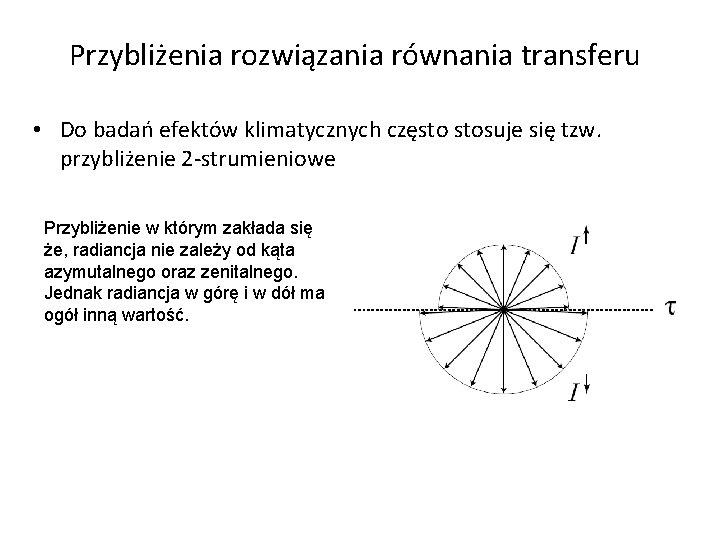 Przybliżenia rozwiązania równania transferu • Do badań efektów klimatycznych często stosuje się tzw. przybliżenie